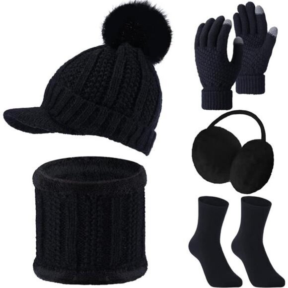 5 Pieces Women Winter Warm Set Knit Beanie Hat Scarf Touchscreen Gloves - Picture 1 of 7